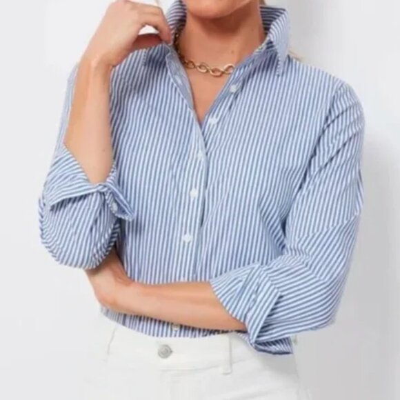 NWT - J Crew Blue & White Stripe Button Down Shirt Ivory Buttons Women's Small - Picture 2 of 6